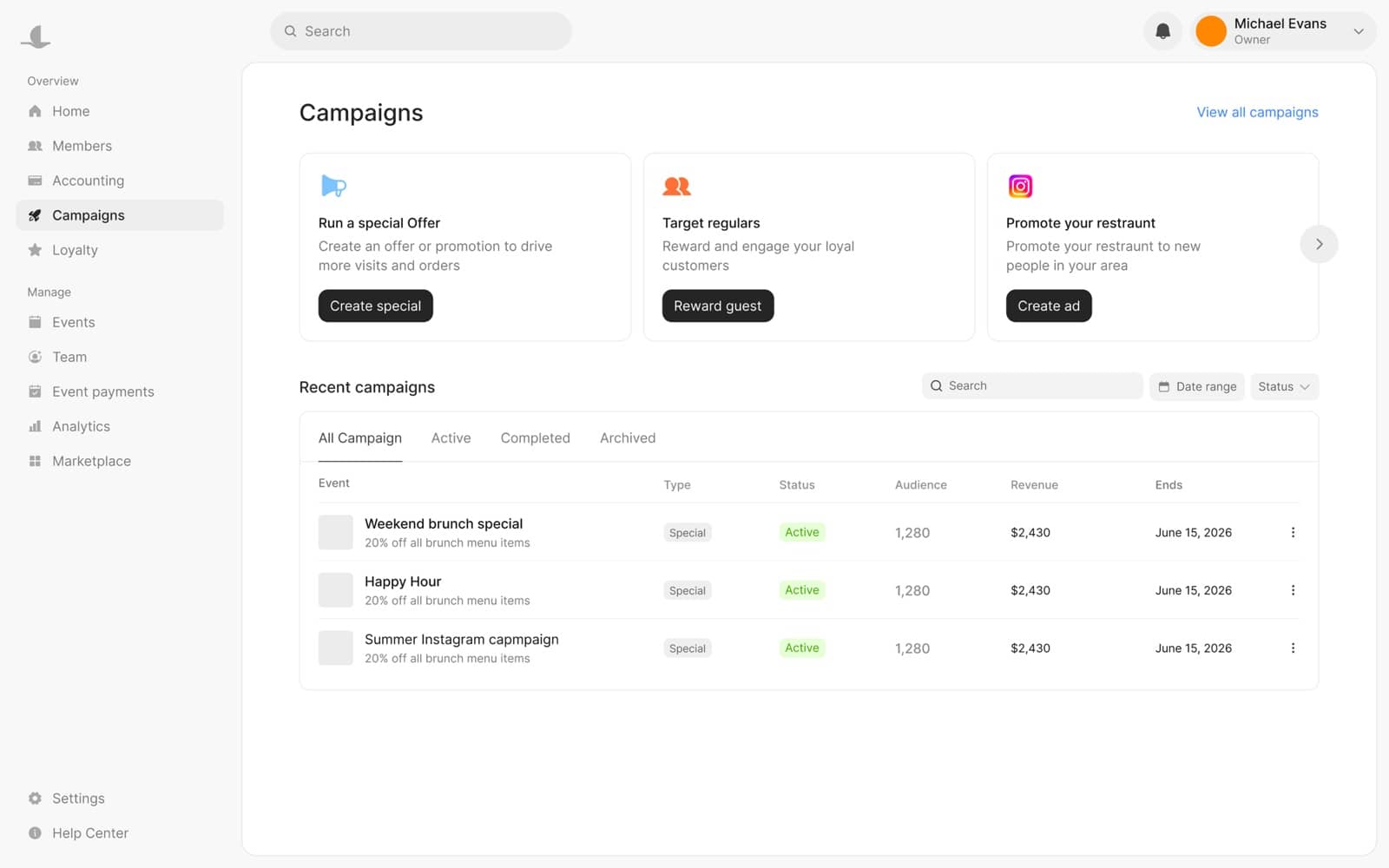 The campaigns page — special offers, guest rewards and ads, with recent campaigns and their revenue