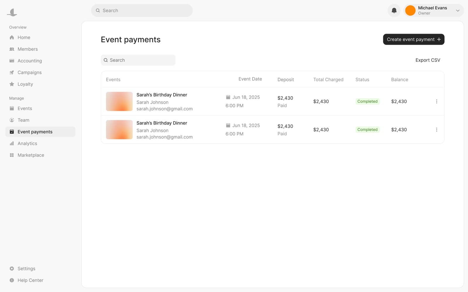 Event payments — deposits, totals charged and payment status per event, with CSV export