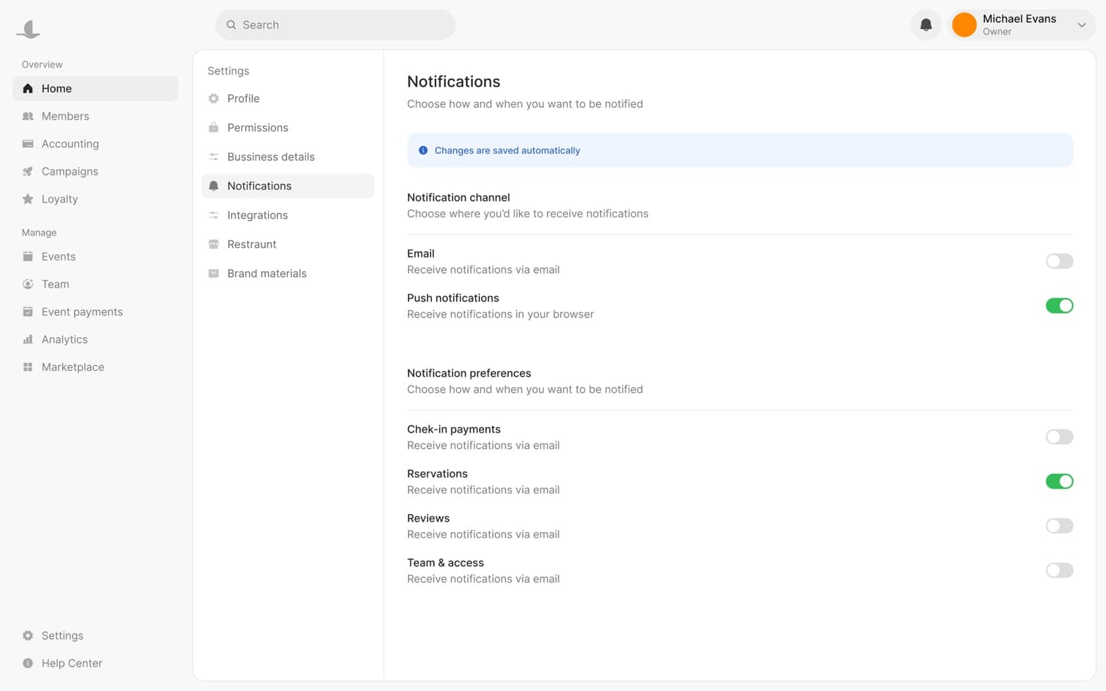Notification settings — email and push channels with per-type preferences, saved automatically