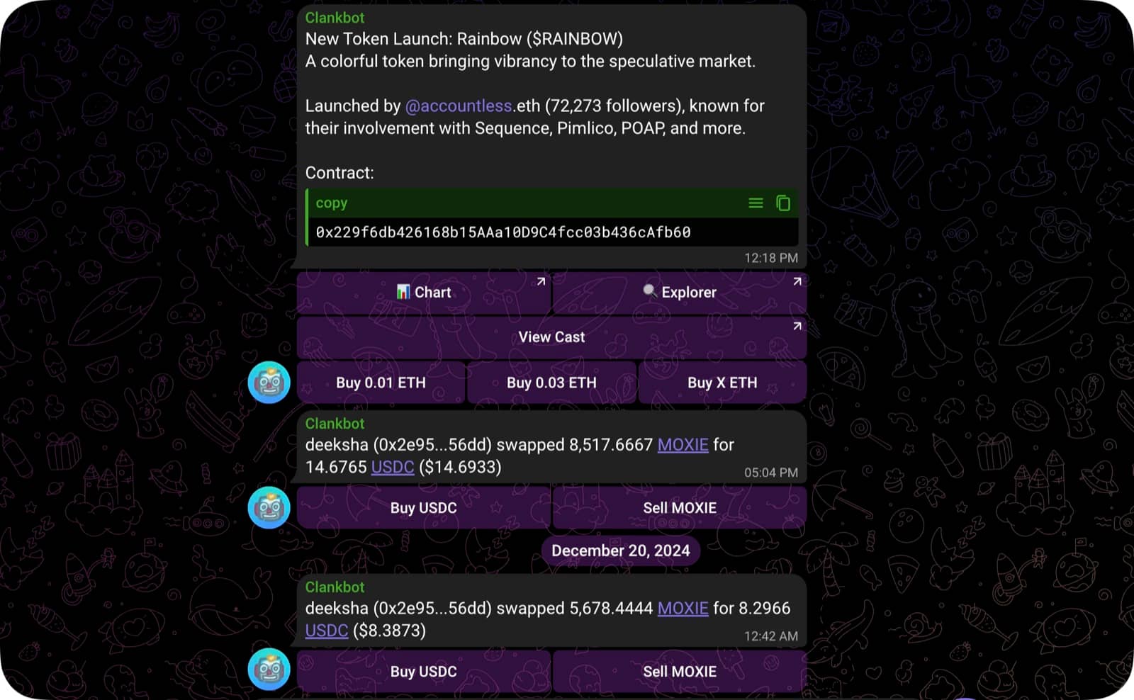 A Clanker token launch alert with Chart, Explorer and quick-buy buttons, followed by tracked-wallet swap alerts with Buy and Sell buttons