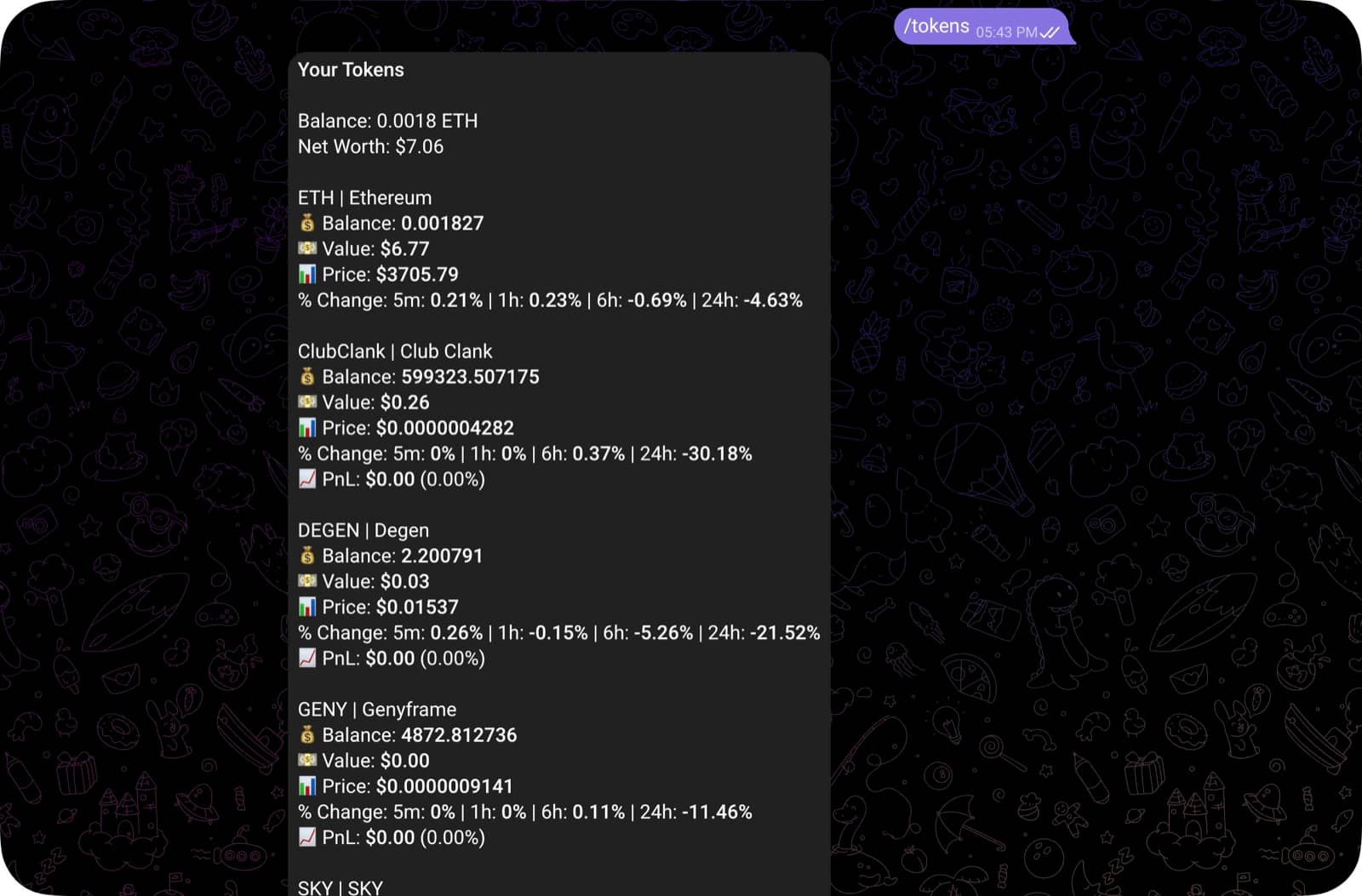 The /tokens command showing the wallet’s net worth and, for each token, its balance, value, price changes and PnL