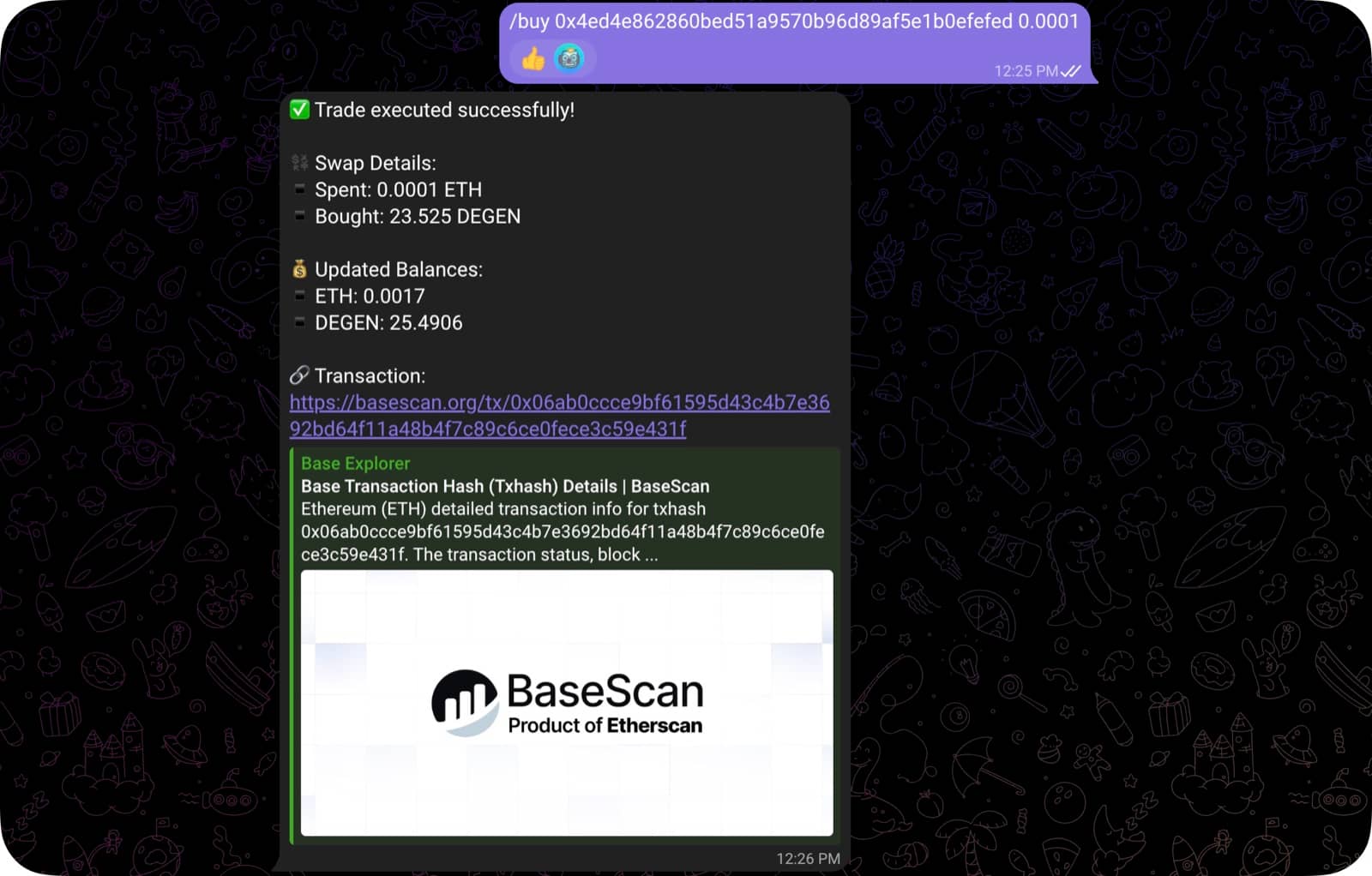 A /buy command in Telegram and Clankbot’s reply with the swap details, updated balances and a BaseScan link