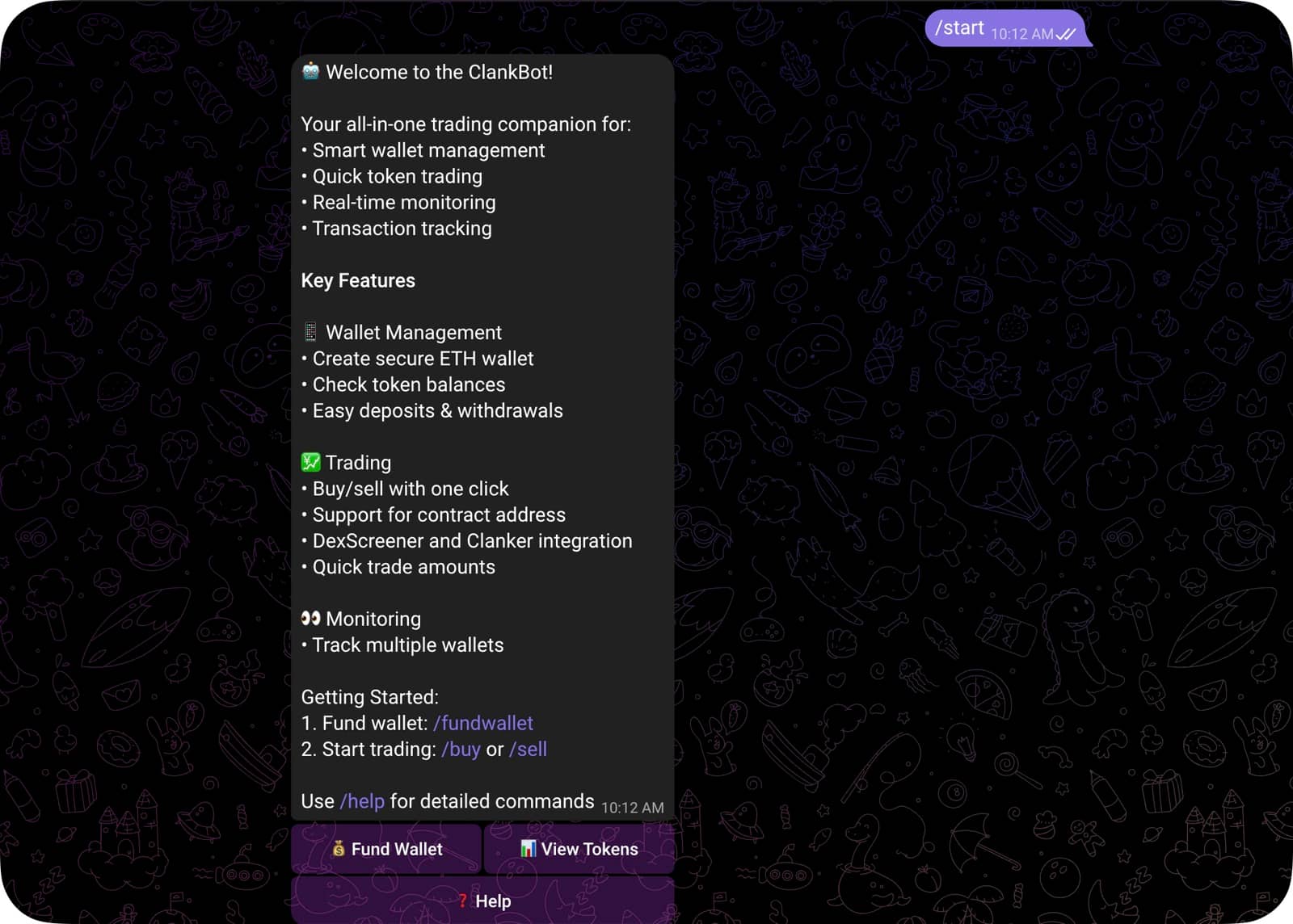 Clankbot’s welcome message in Telegram, listing wallet, trading and monitoring commands with Fund Wallet and View Tokens buttons