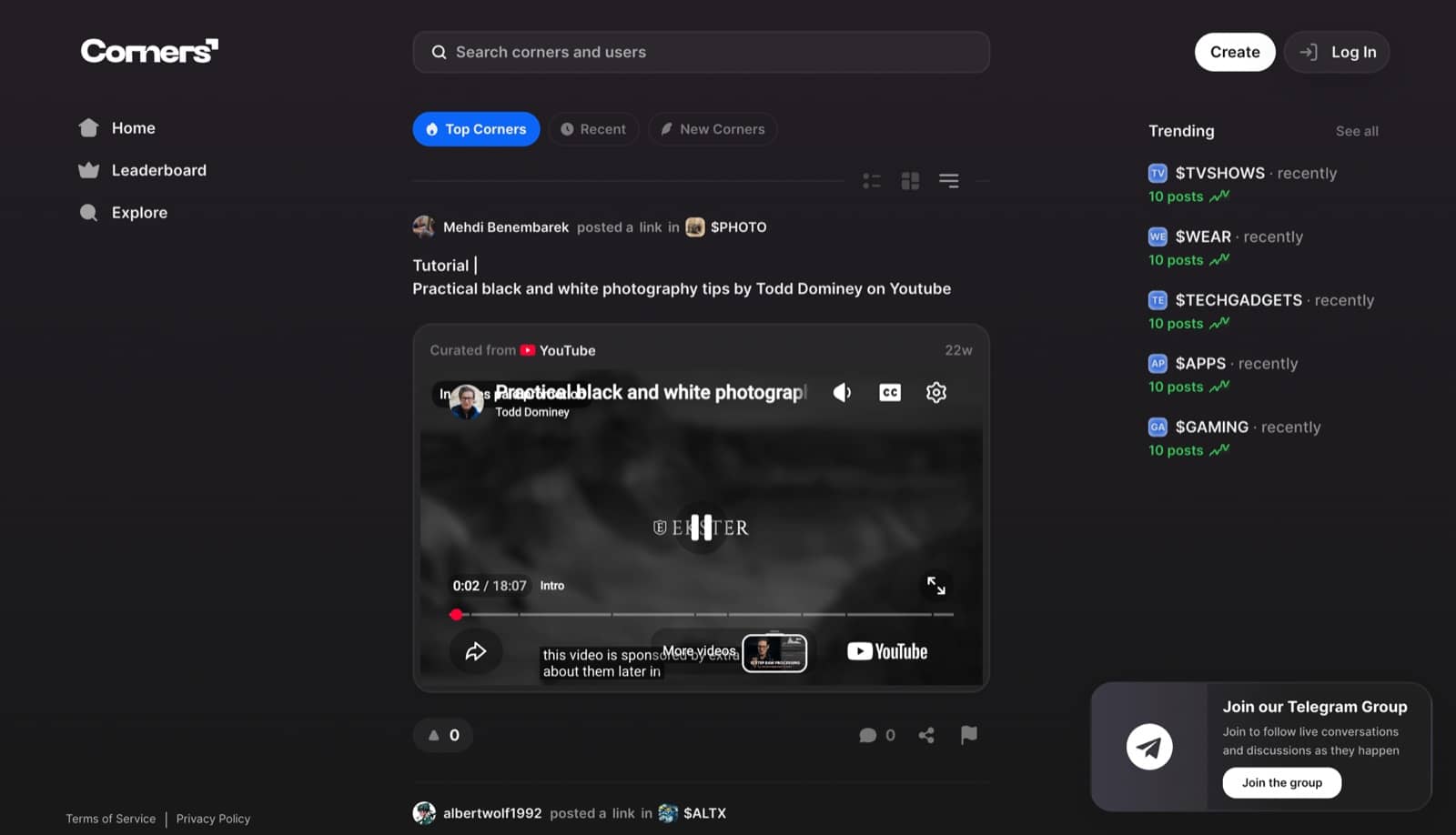 The Corners home feed, with curated posts and playable YouTube embeds inside topic corners