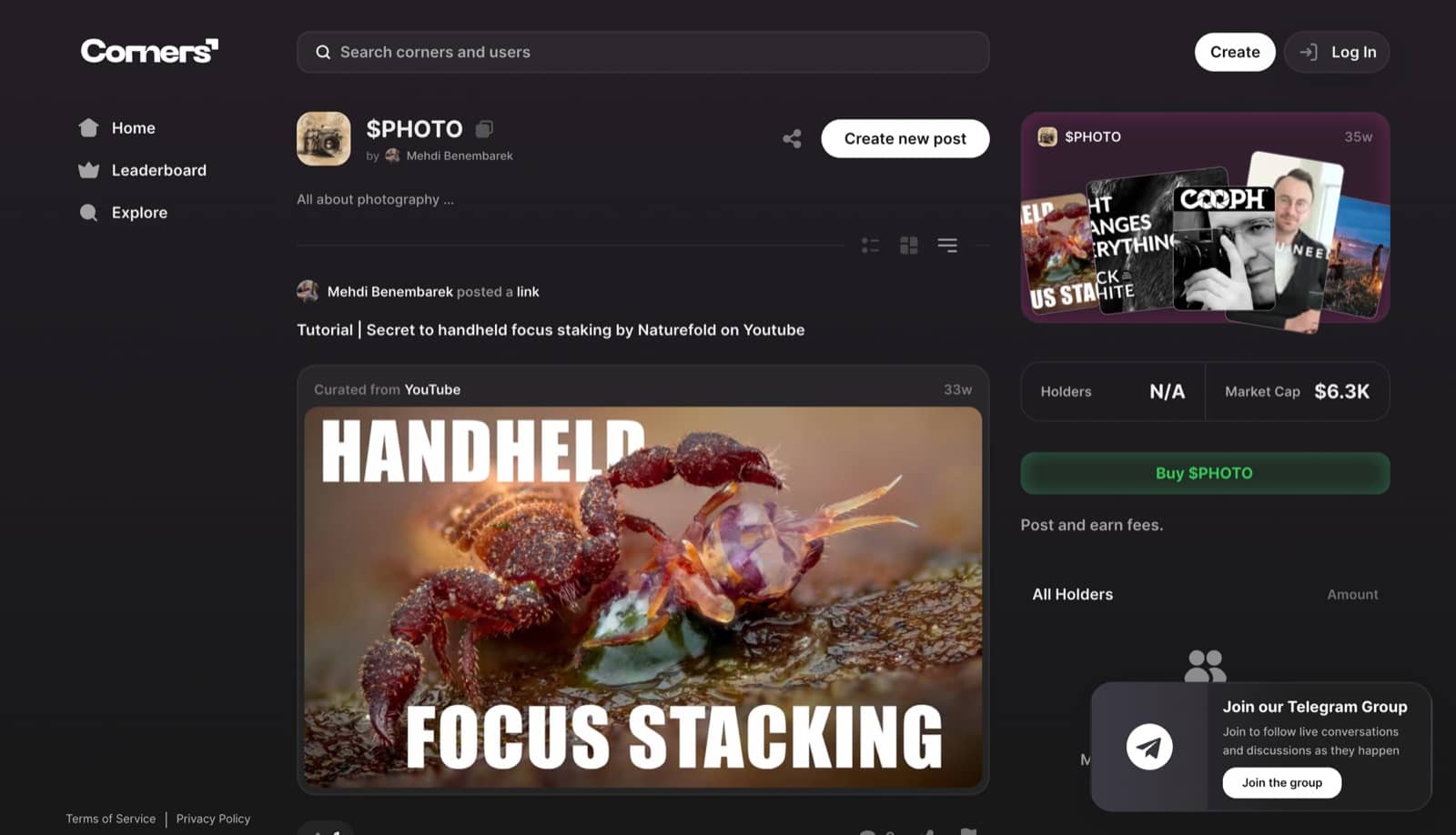 A corner page for $PHOTO with its posts, market cap, holders and buy button