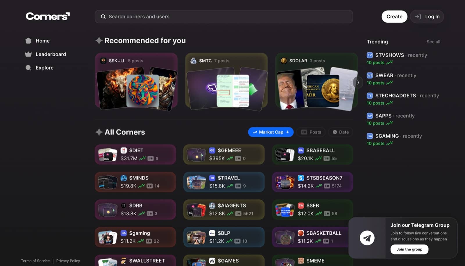 Explore, with recommended corners and every corner ranked by market cap