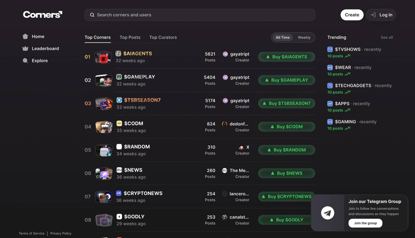 The leaderboard of top corners by posts, with creators and one-tap token buys