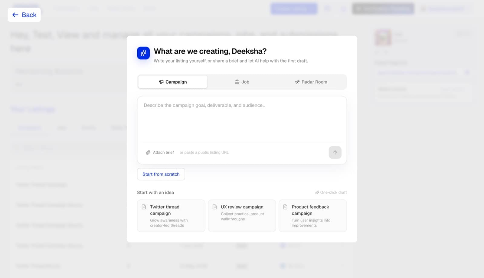 AI drafting a campaign, job or Radar Room brief from one line of input, with one-click idea starters