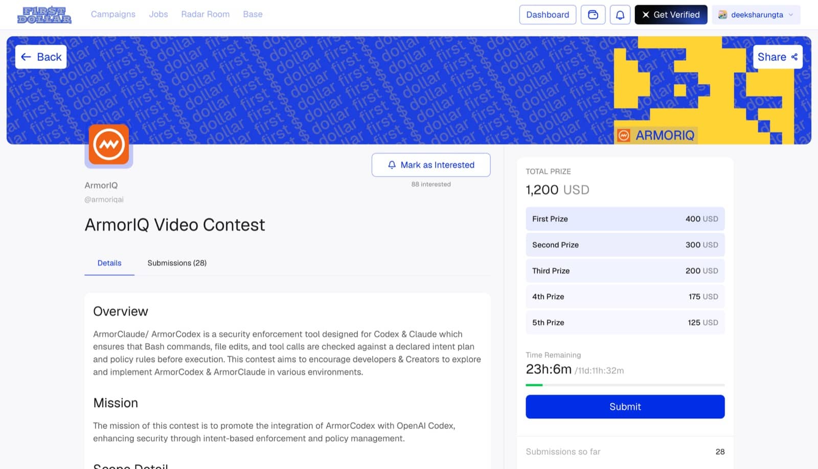 The live ArmorIQ Video Contest page with its brief, prize tiers and interest count