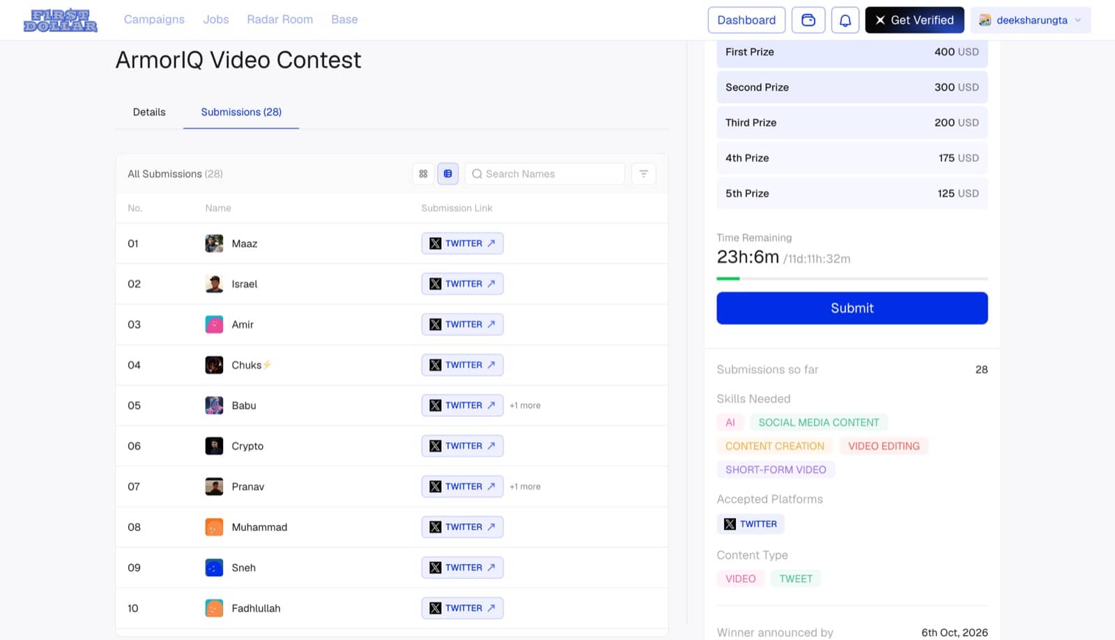 The prize sidebar with five prize tiers, a live countdown, skills and accepted platforms