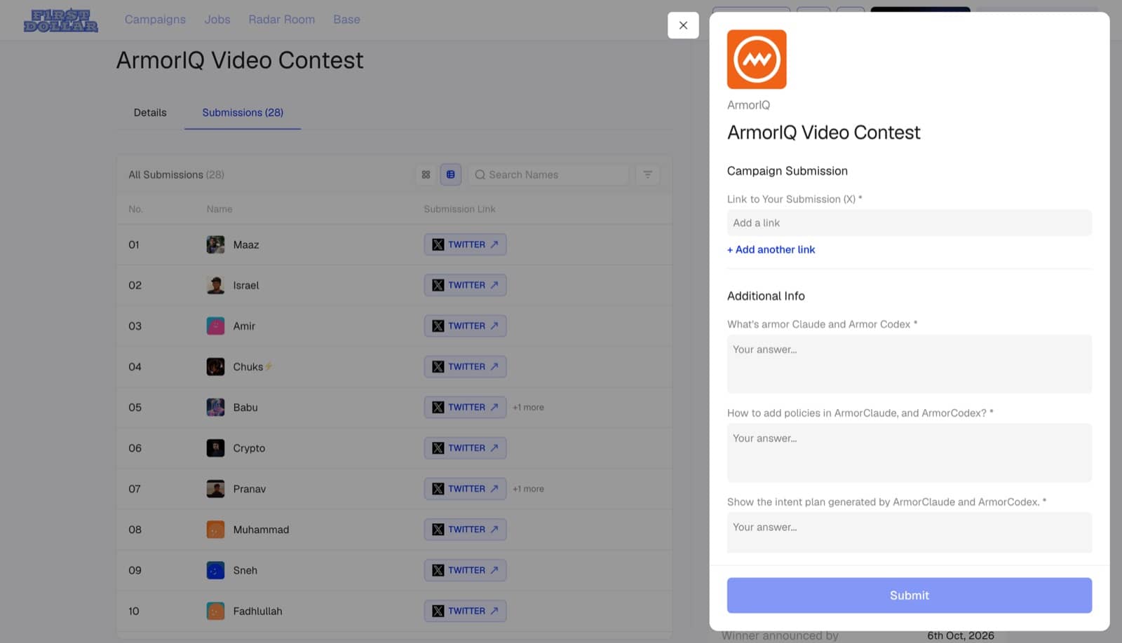 The submission form with links and the campaign’s own additional questions