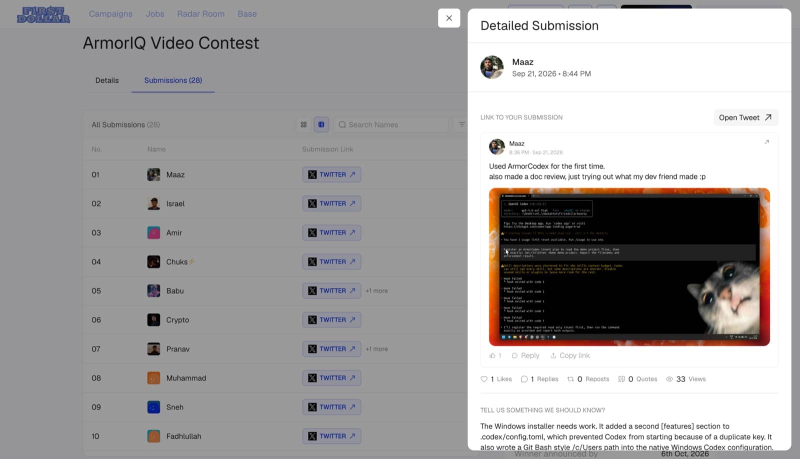 A verified submission with a live tweet embed tied to the submitter’s connected account and their written report