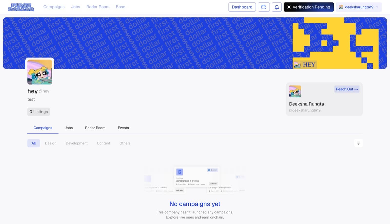 A company profile with banner, listing count and tabs for campaigns, jobs, Radar Rooms and events