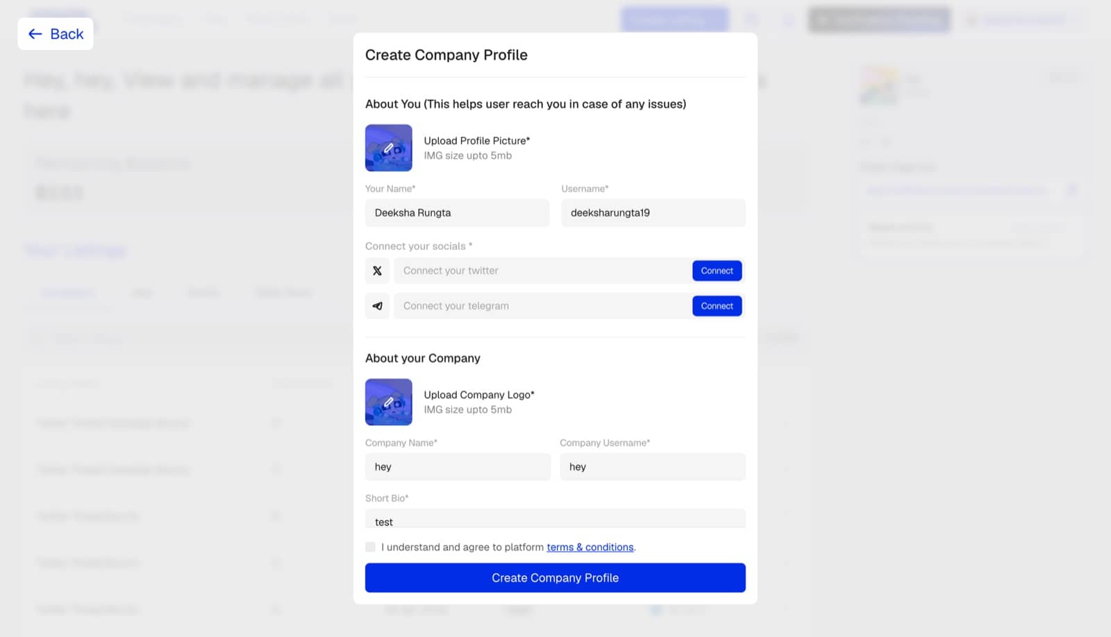 Creating a company from an existing account with a role change, plus connected socials