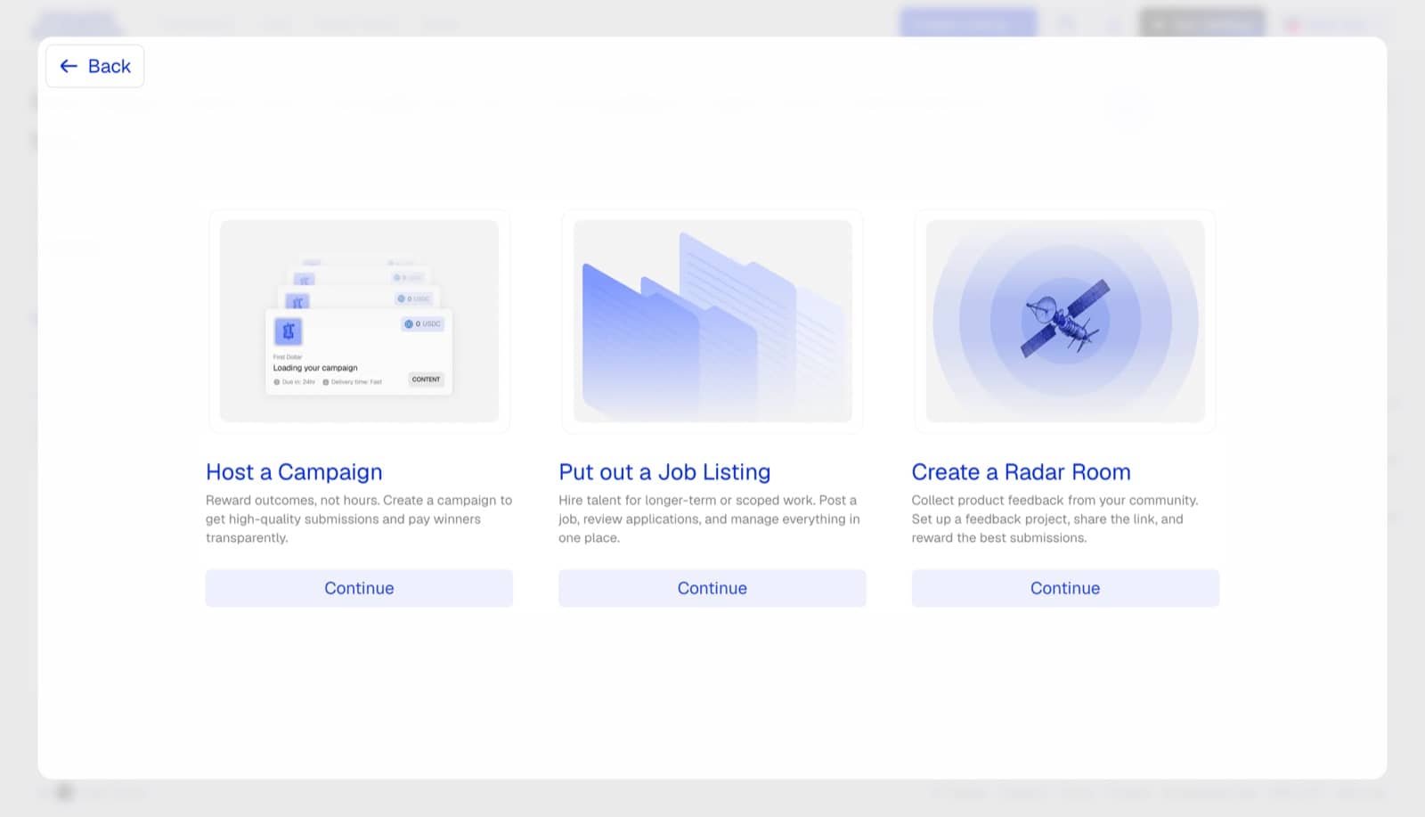 The menu for posting a campaign, a job listing or a Radar Room