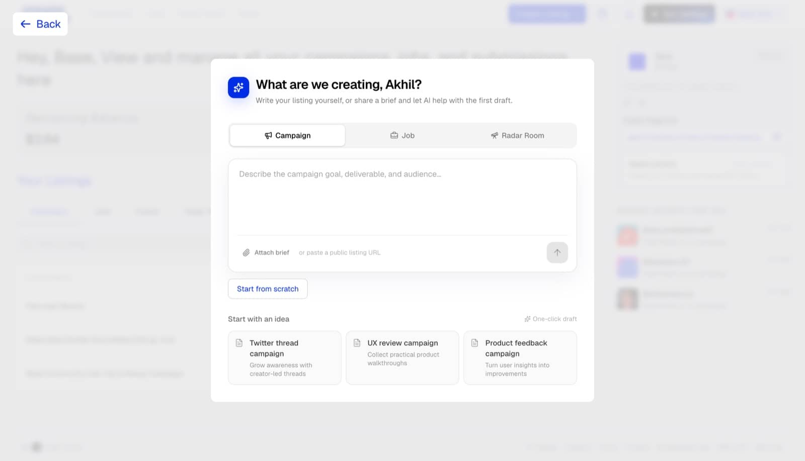 The AI listing chat, where a company describes the campaign, attaches a brief or starts from scratch, with one-click draft ideas