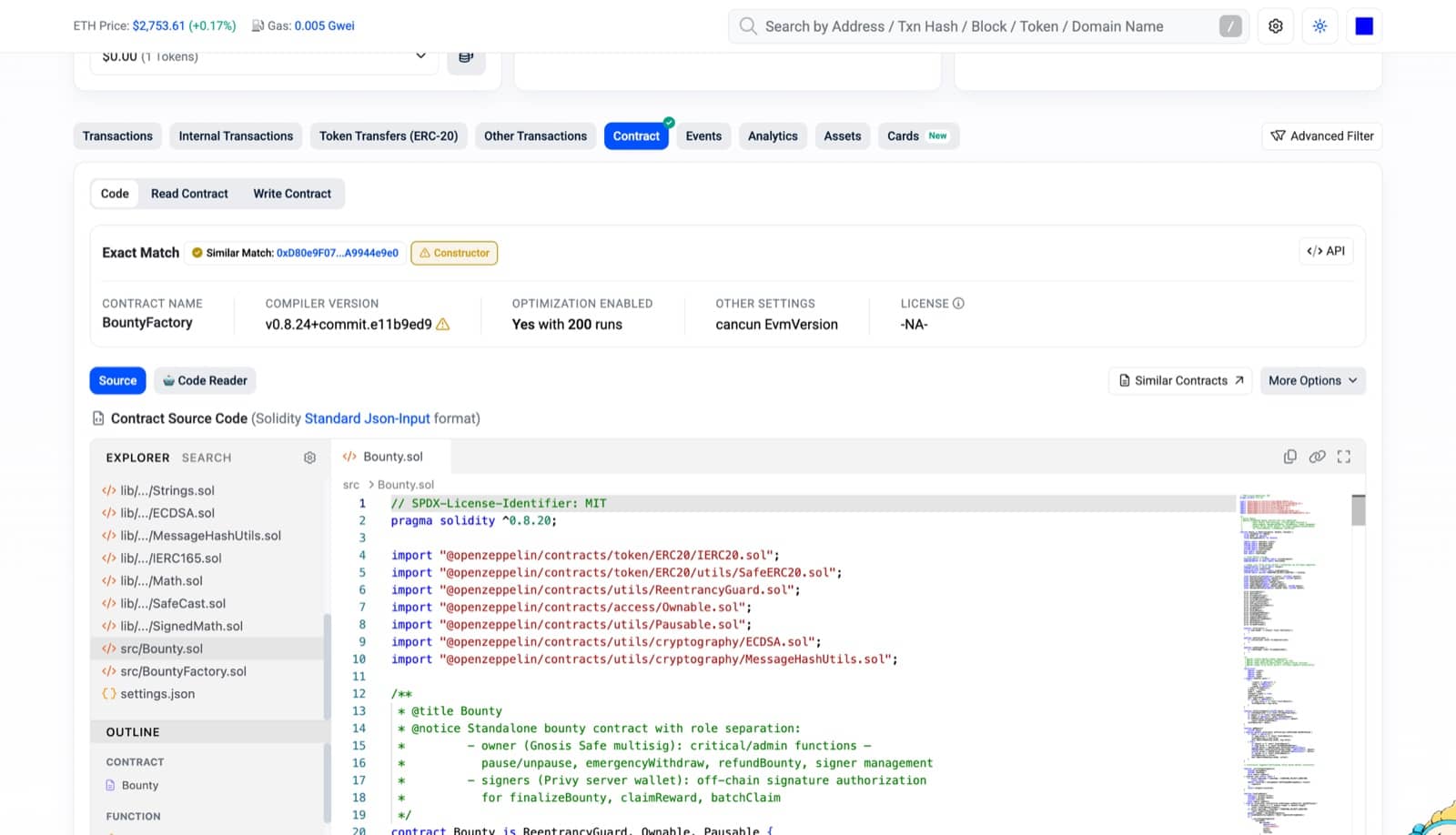 The verified BountyFactory contract on Basescan, with the owner and signer roles documented in the source