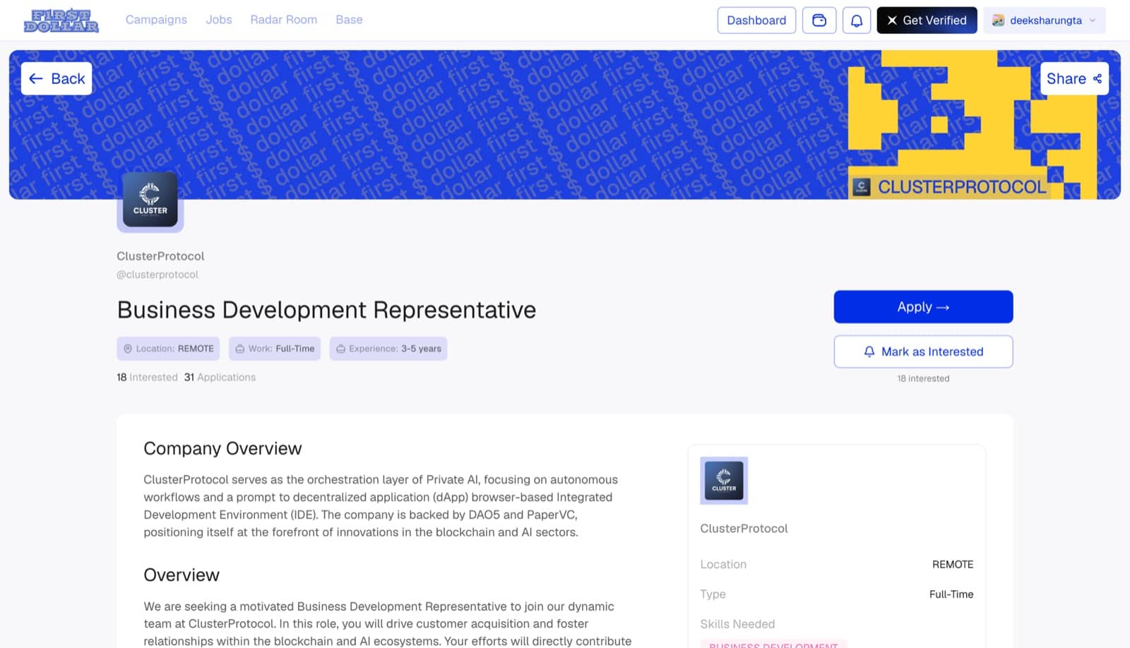 A live ClusterProtocol job listing for a BD representative, with interest and application counts