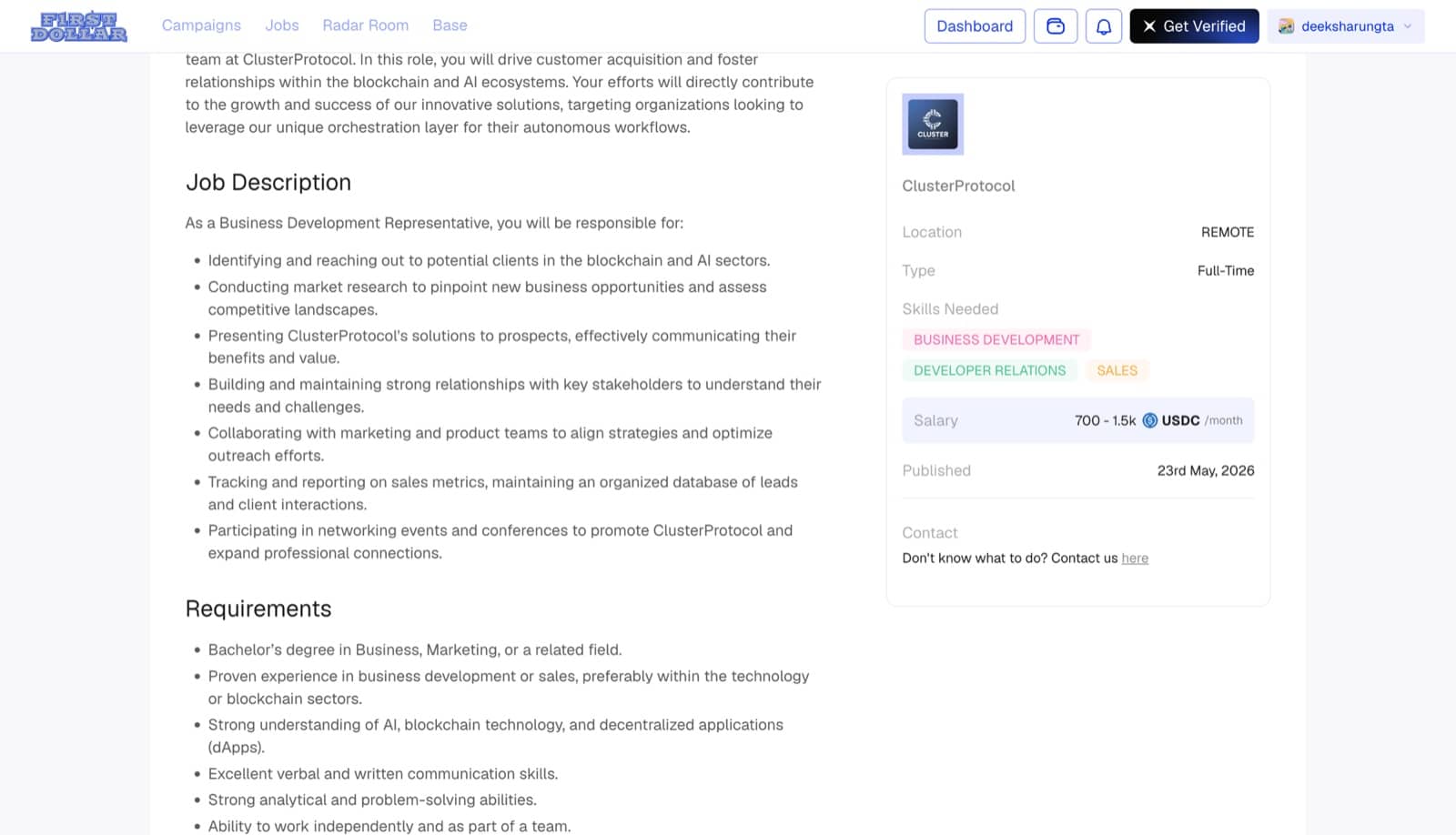 The job description with responsibilities and requirements next to the USDC salary range