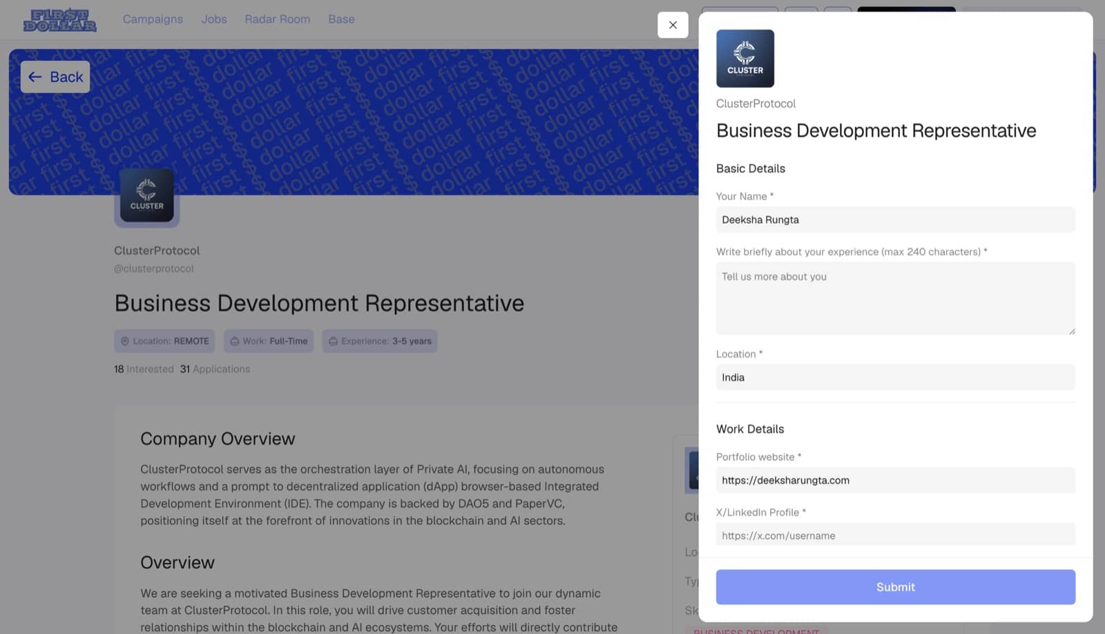 The application form with basic details, experience and portfolio links
