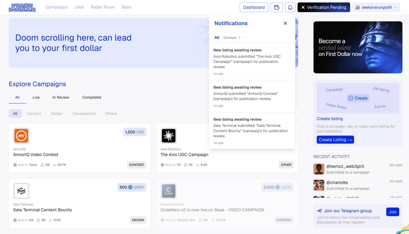 The in-app notification tray showing listings submitted for review, over the explore page