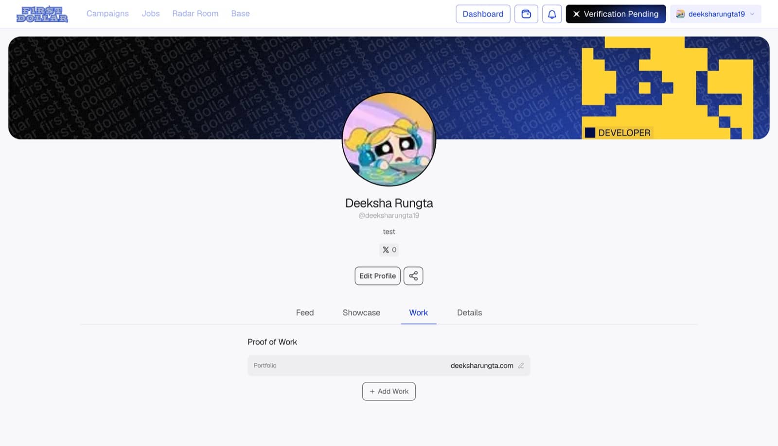 A builder profile with banner, role tag and the Proof of Work tab