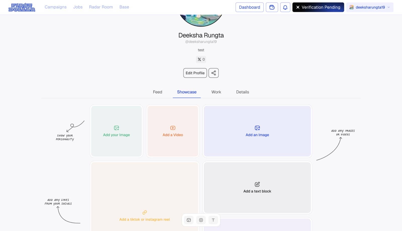The showcase editor with image, video, reel and text-block cards laid out by the builder