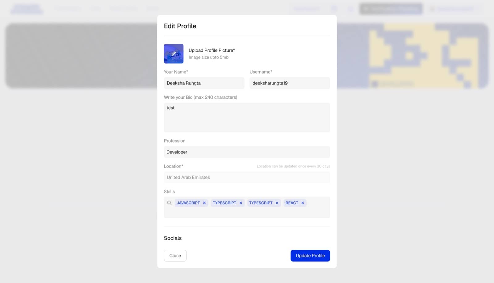 Editing a profile with bio, profession, location, skills and socials