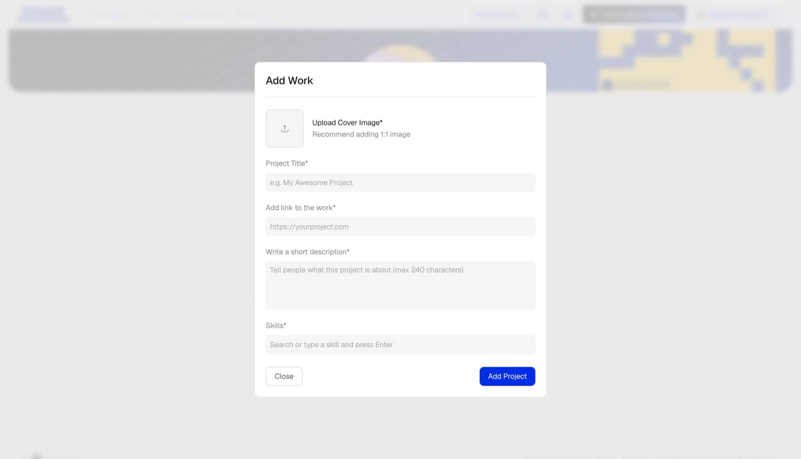 Adding a proof-of-work project with cover image, link, description and skills