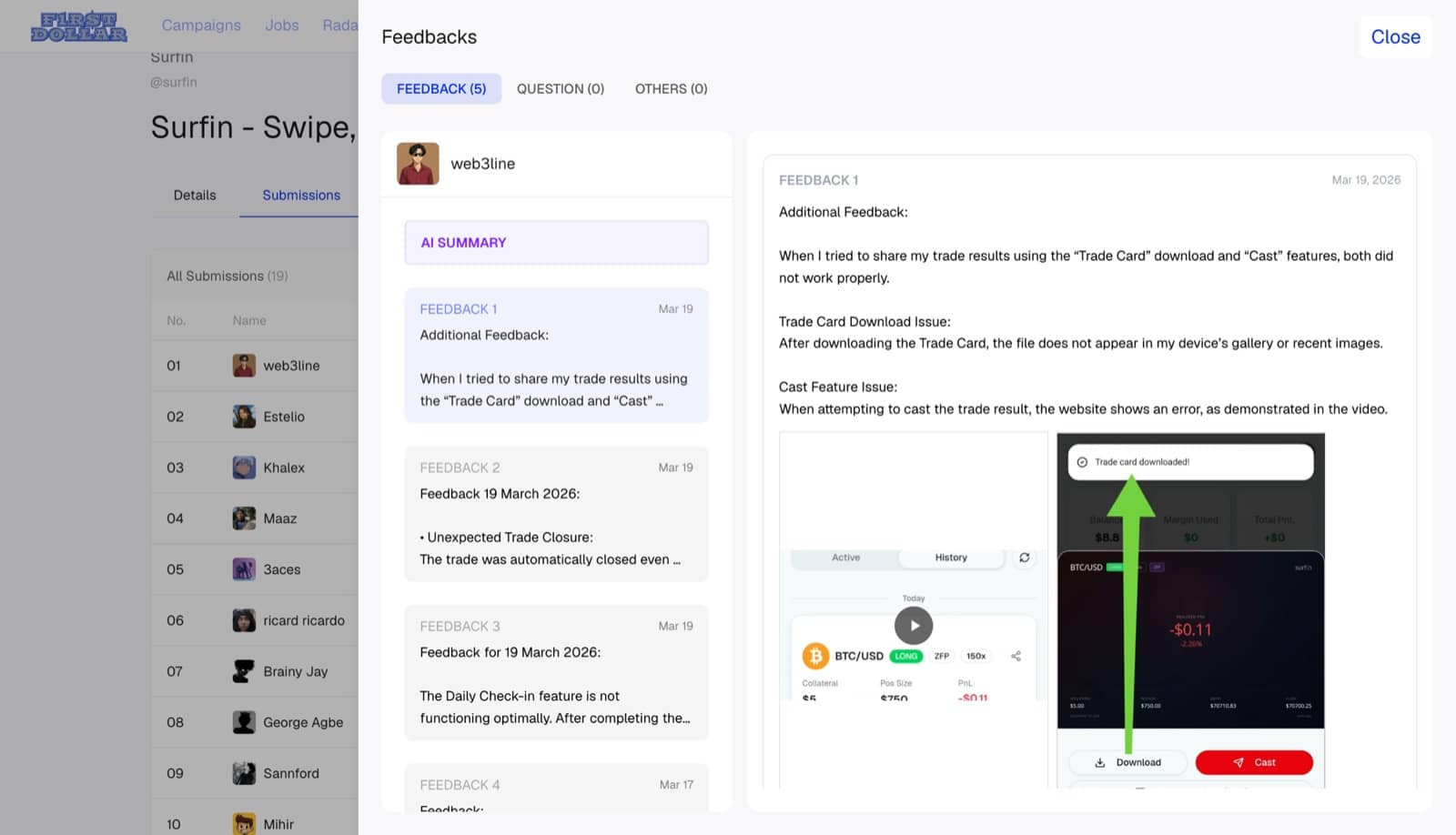 A tester’s feedback thread with an AI summary and individual reports backed by screen recordings