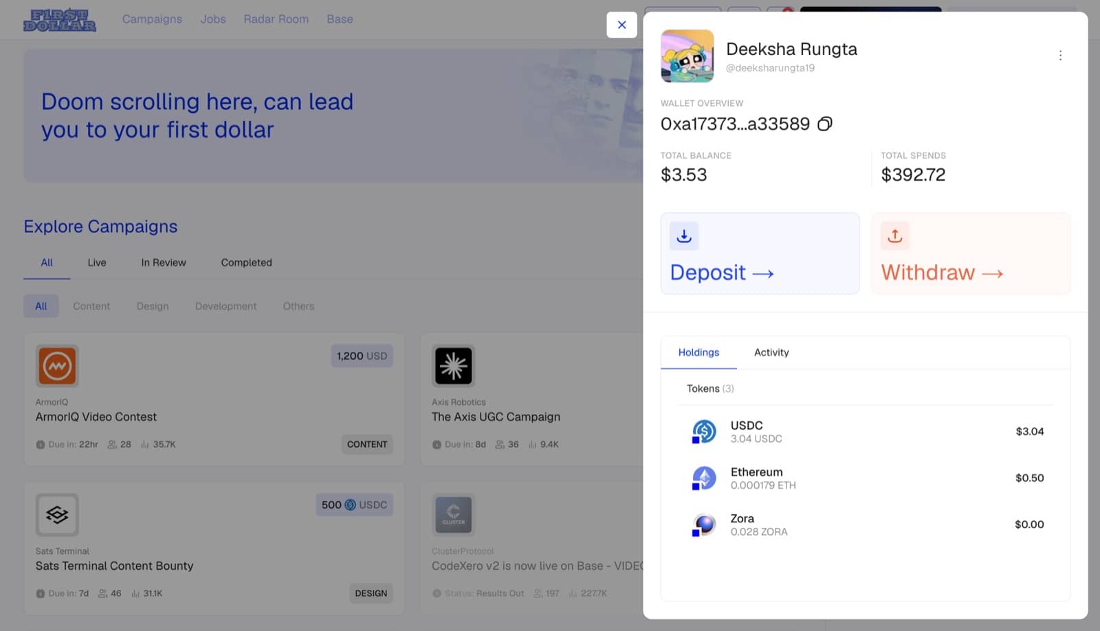 The wallet with balance, total spends, deposit and withdraw buttons, and token holdings