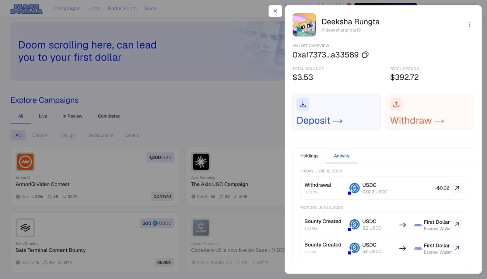 The activity tab showing withdrawals and bounty fundings sent to the escrow wallet