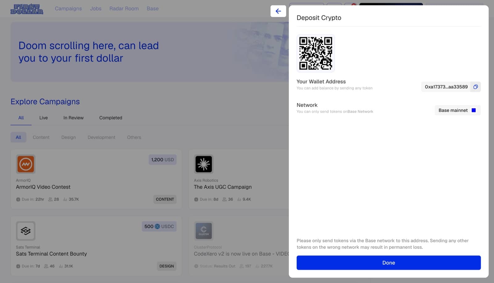 Depositing by QR code to a wallet address on Base mainnet