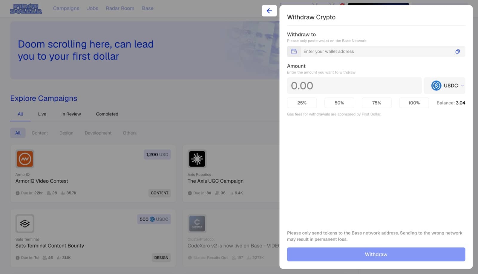 Withdrawing USDC with percentage shortcuts and gas sponsored by First Dollar