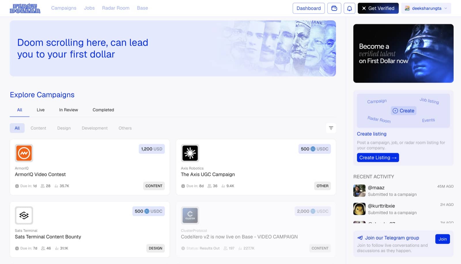 The First Dollar explore page with live listings, prize pools and the activity feed