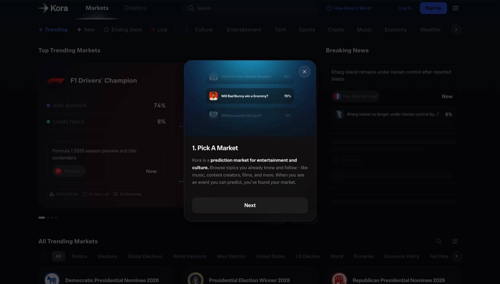 Onboarding that explains how Kora works, starting with picking a market