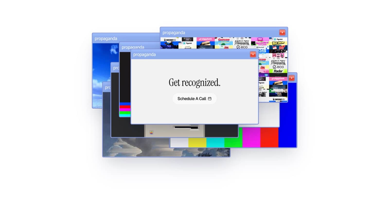 Stacked retro OS windows ending in “Get recognized” and a Schedule A Call button