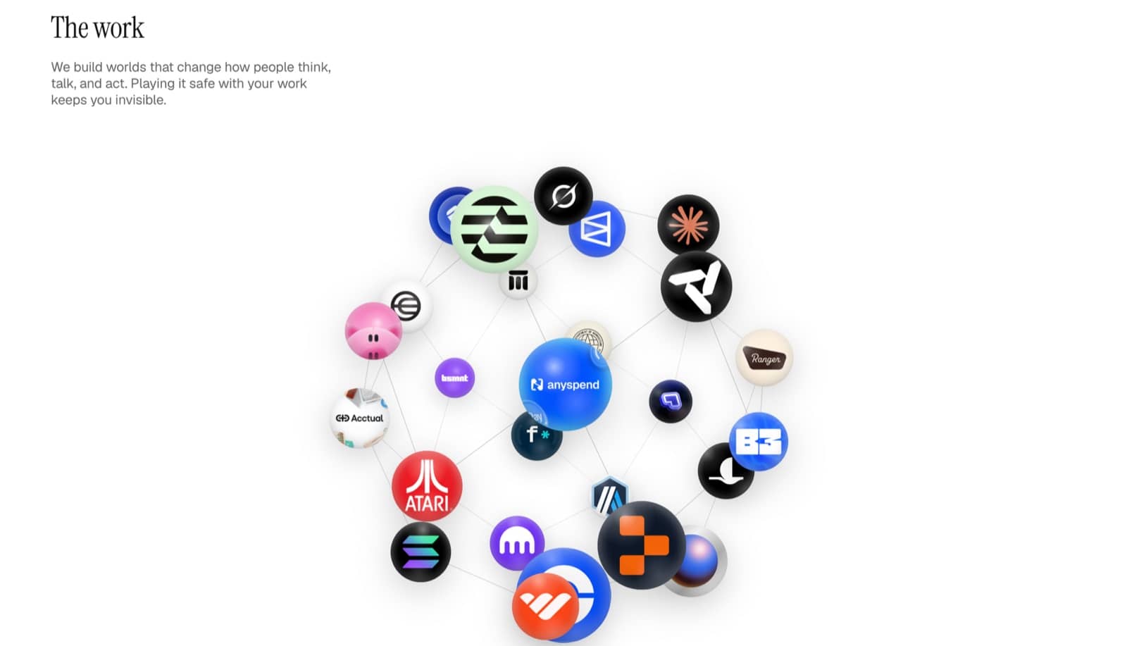 The work section, with an orbit of client logos including Atari, Solana, Kraken and Acctual