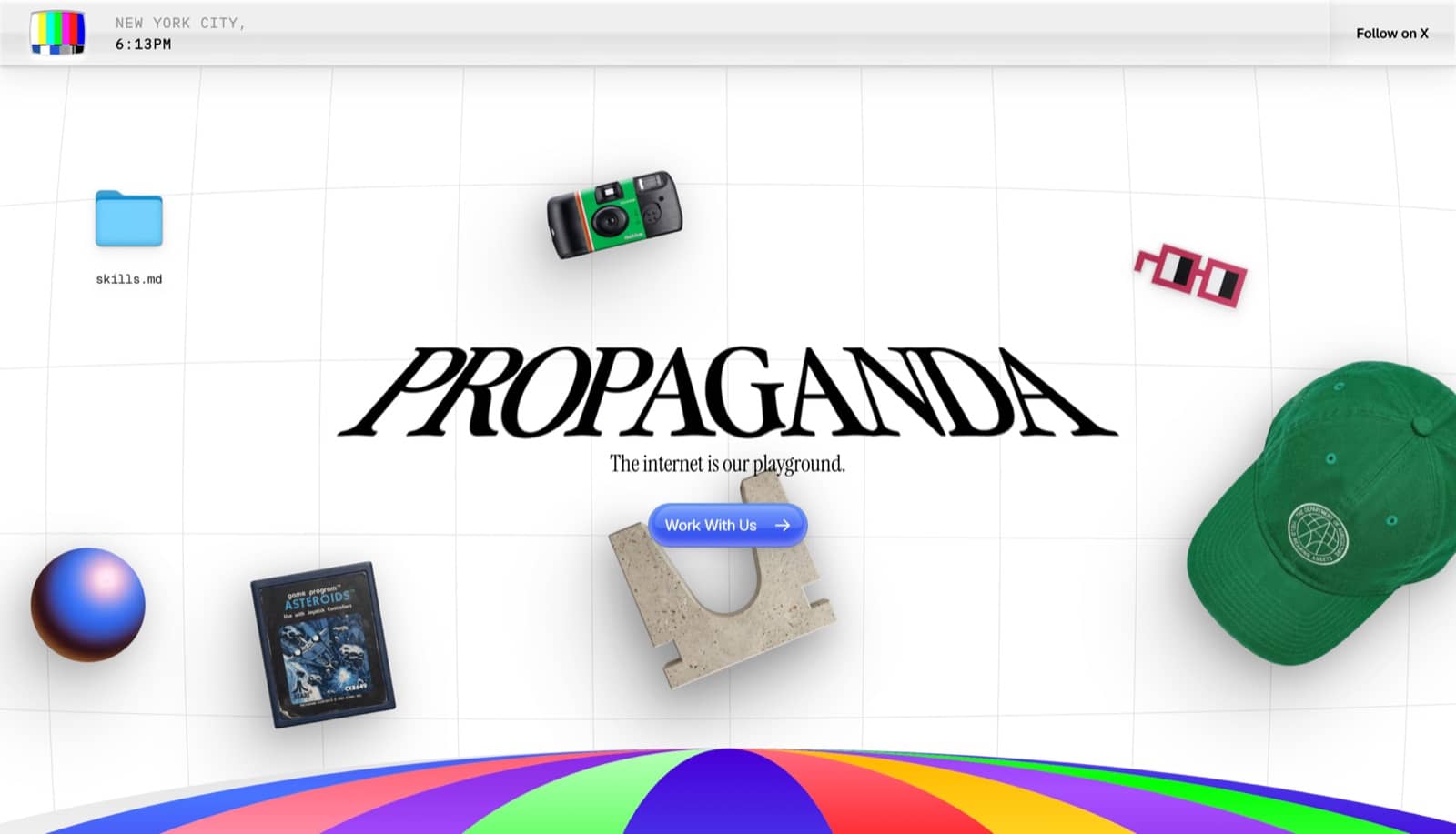 Propaganda’s landing page, with the headline “The internet is our playground” and floating desktop objects over a curved grid
