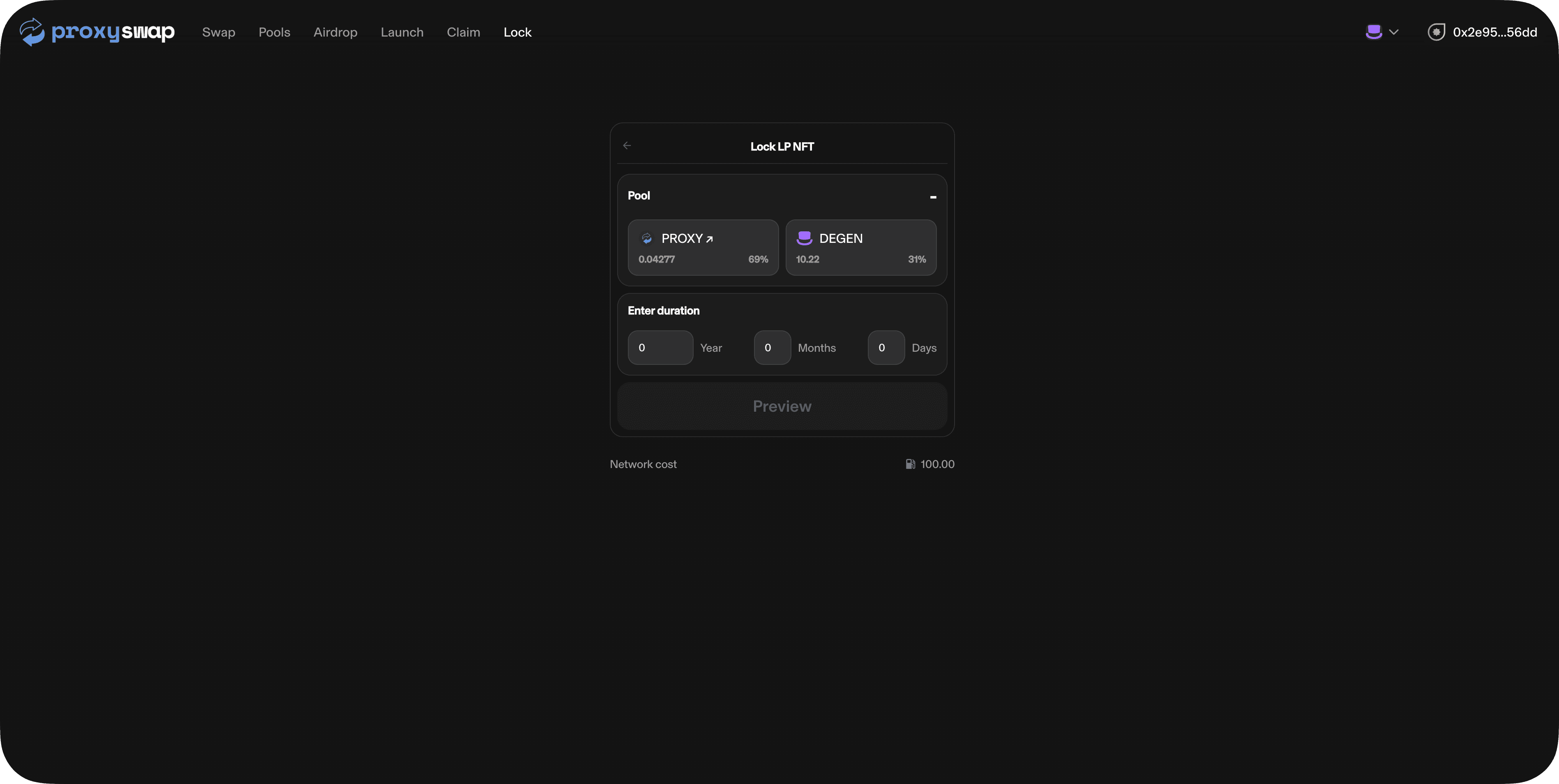 The Lock LP NFT screen, with a PROXY/DEGEN pool and a lock duration in years, months and days