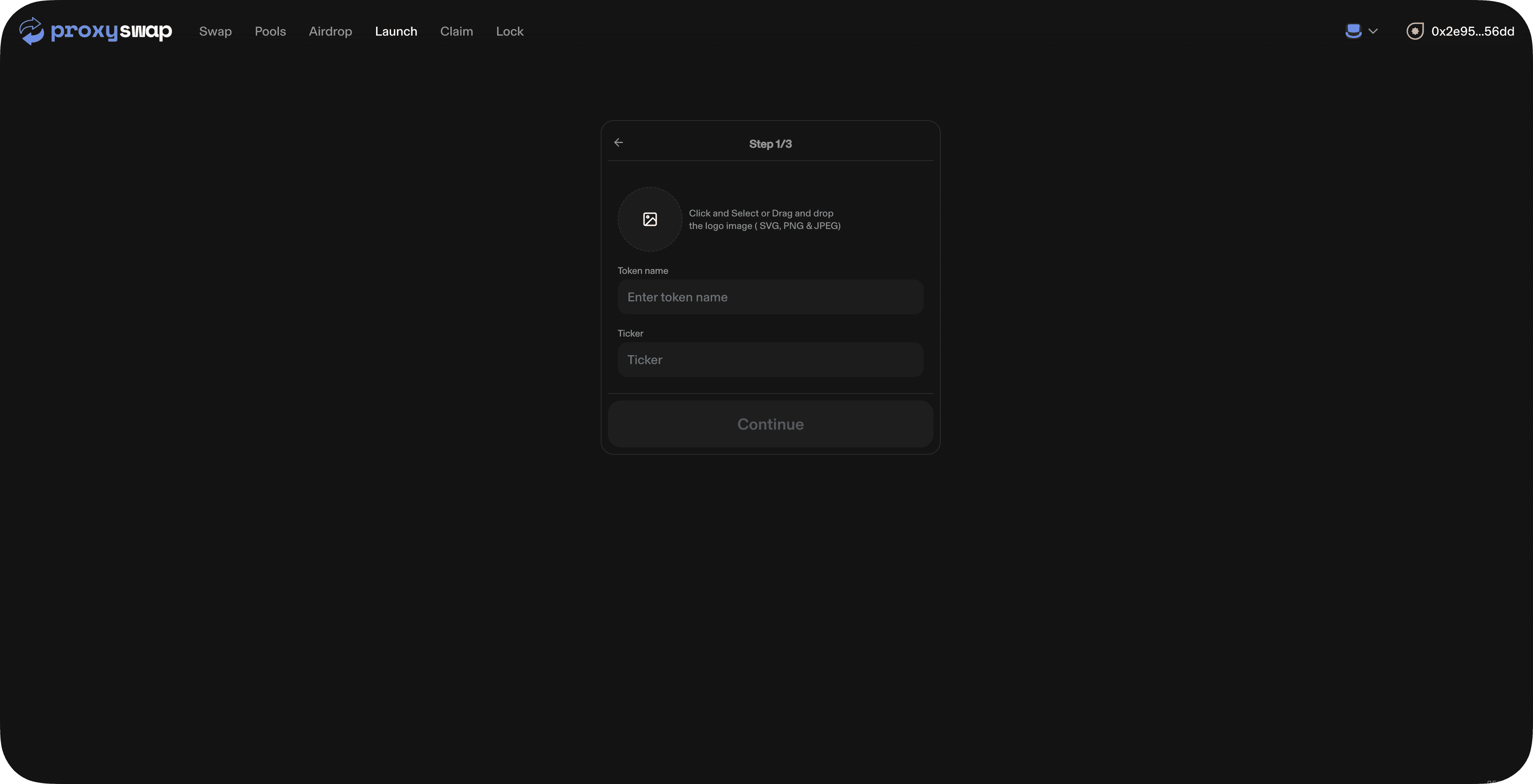 Step one of the token launcher: logo upload, token name and ticker