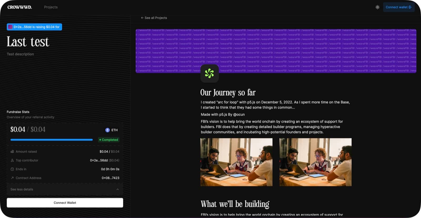 A project page with its funding progress, top contributor and contract address next to the project’s Notion page