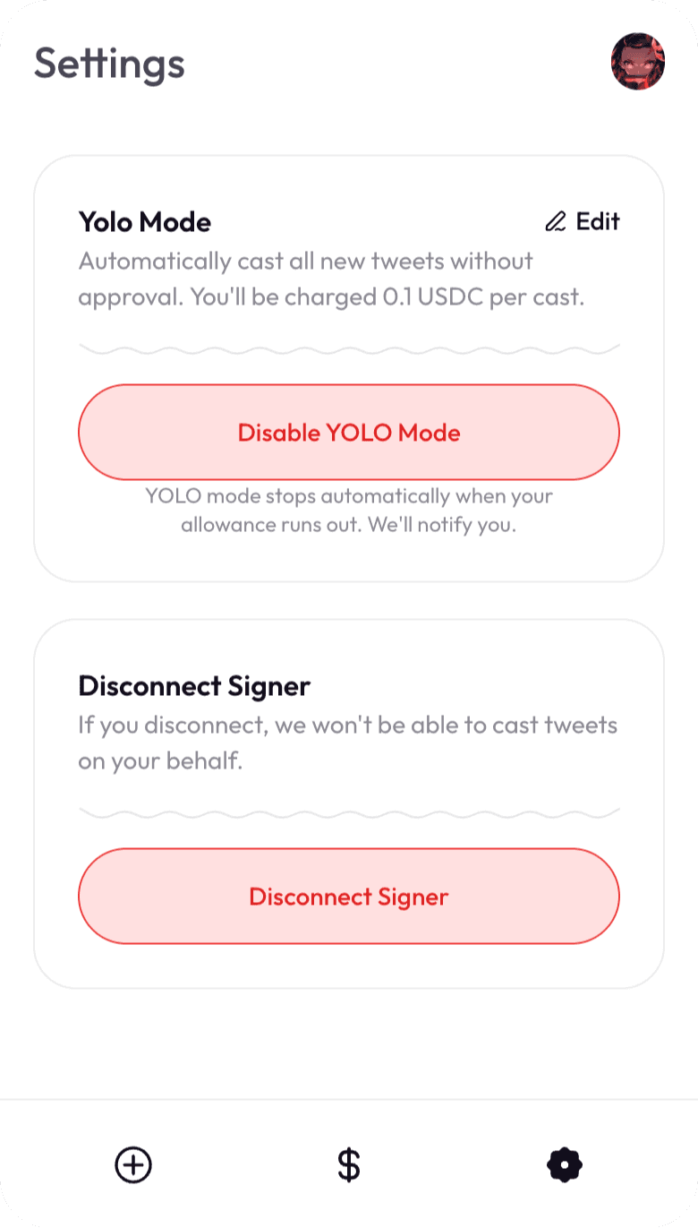 Settings with YOLO Mode and the option to disconnect the signer