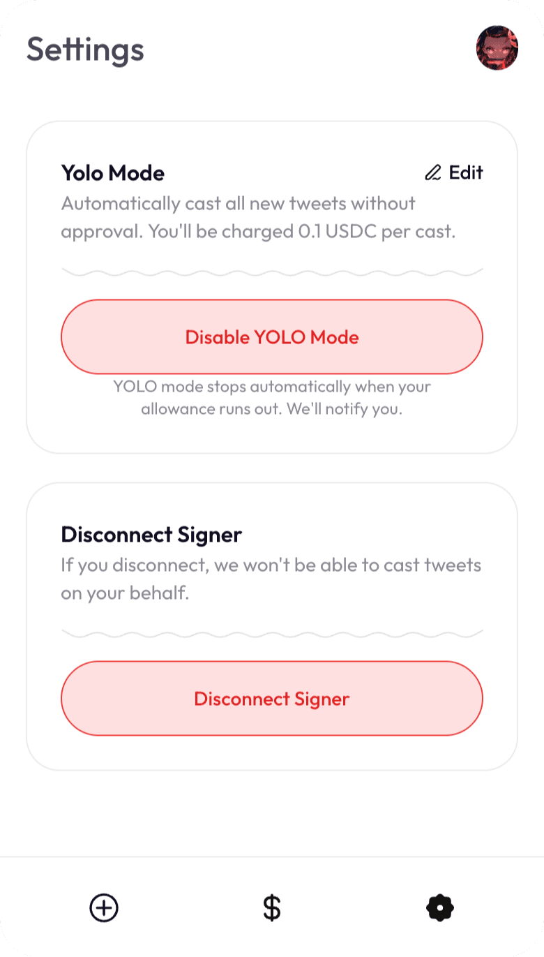 Parrot — settings (YOLO, disconnect signer)