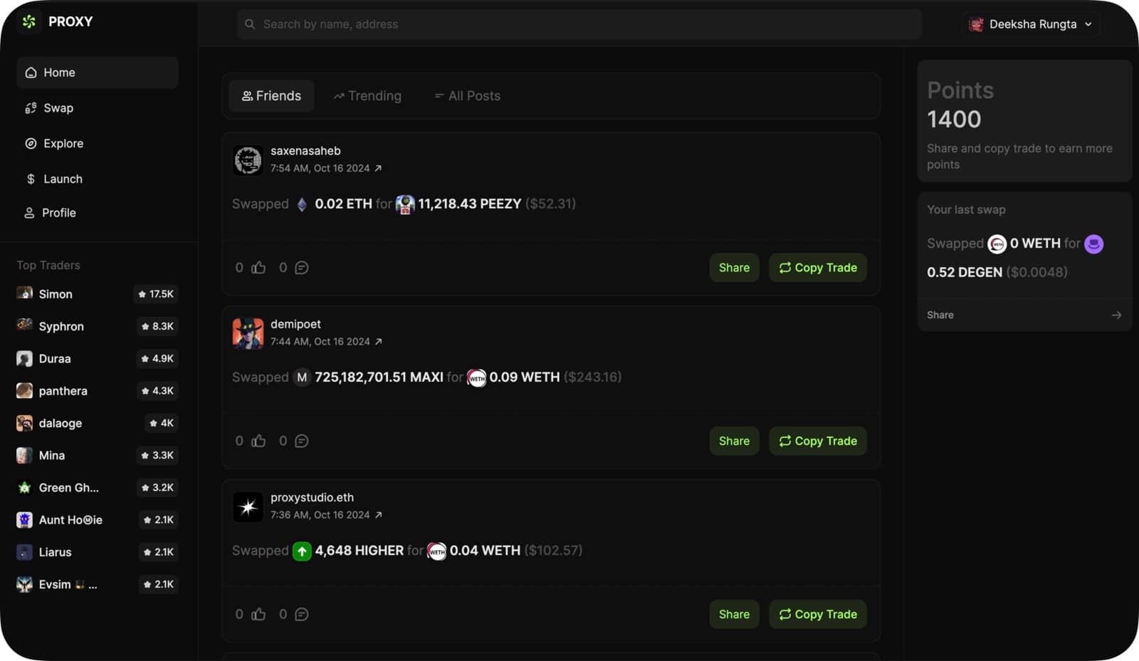The Proxy home feed with friends’ swaps, Share and Copy Trade buttons, top traders and your points